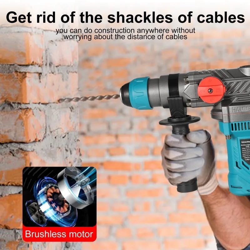 Heimerdinger Cordless brushless Rotary Hammer Drill, 1-1/8" SDS-Plus 3.2J Multi-functional Heavy Duty hammer drill, No battery