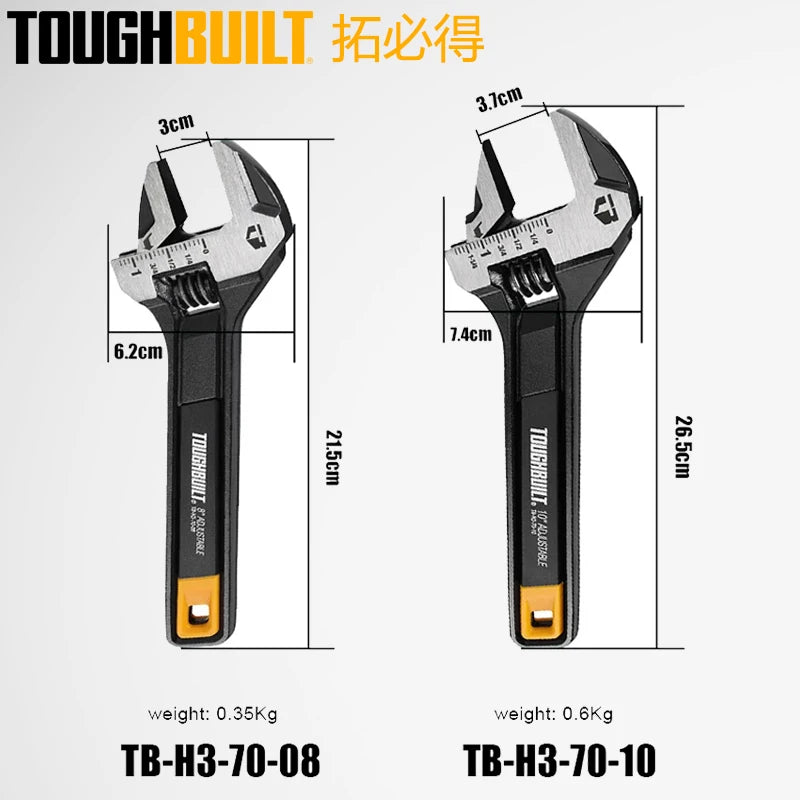 TOUGHBUILT TB-H3-70-08 TB-H3-70-10 Adjustable Wrench 8"/10" Double Scale Movable Spanner Durable Hand Tool