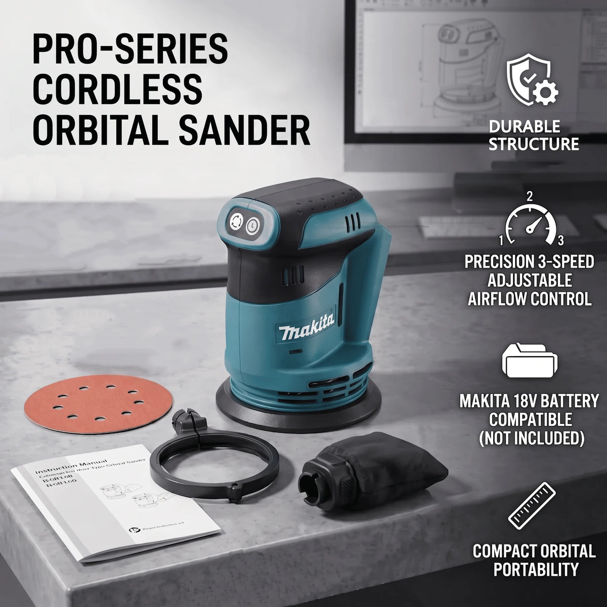 Makita DBO180Z Cordless Body Only Cordless 18 V Li-ion Random Orbit Sander, 125 mm Woodworking Sanding Putty Polishing