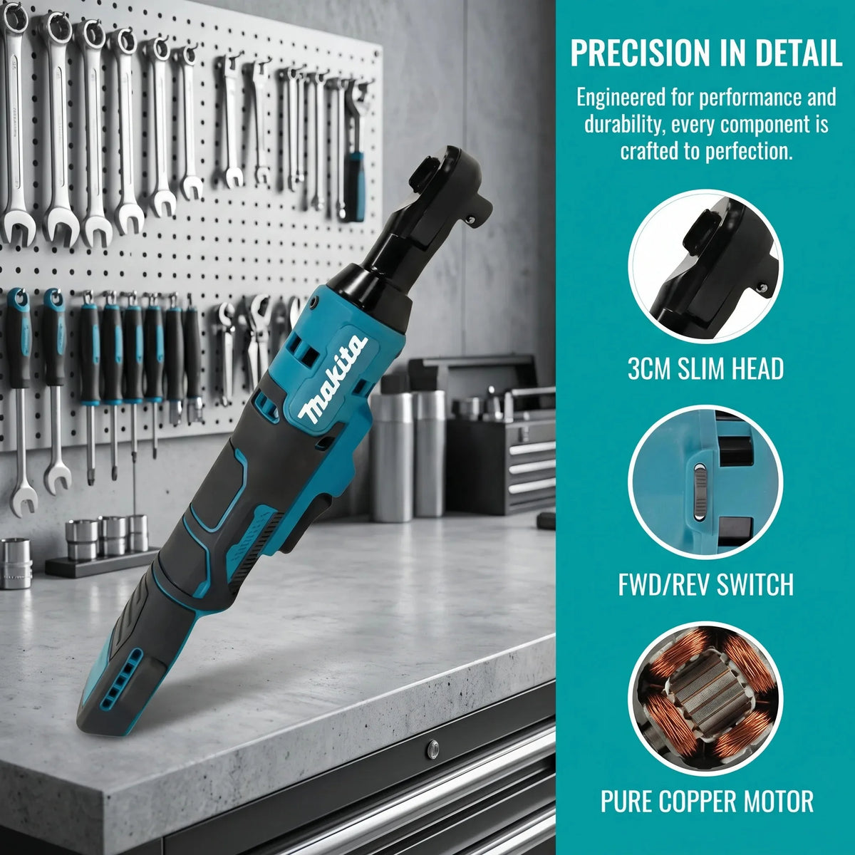 Makita DWR180 18V Cordless Ratchet Wrench 47.5Nm 0-800RPM 1/4 3/8 Drive with LED and Electric Brake for Tight Space Work