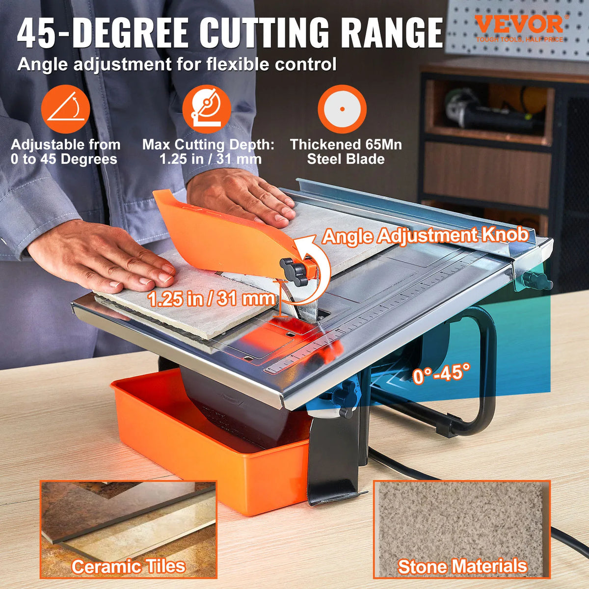 SucceBuy Wet Tile Saw 7-inch 65Mn Steel Blade 3500 RPM Induction Motor Tile Cutter Wet Saw Water Reservoir 0-45 Degrees Angle