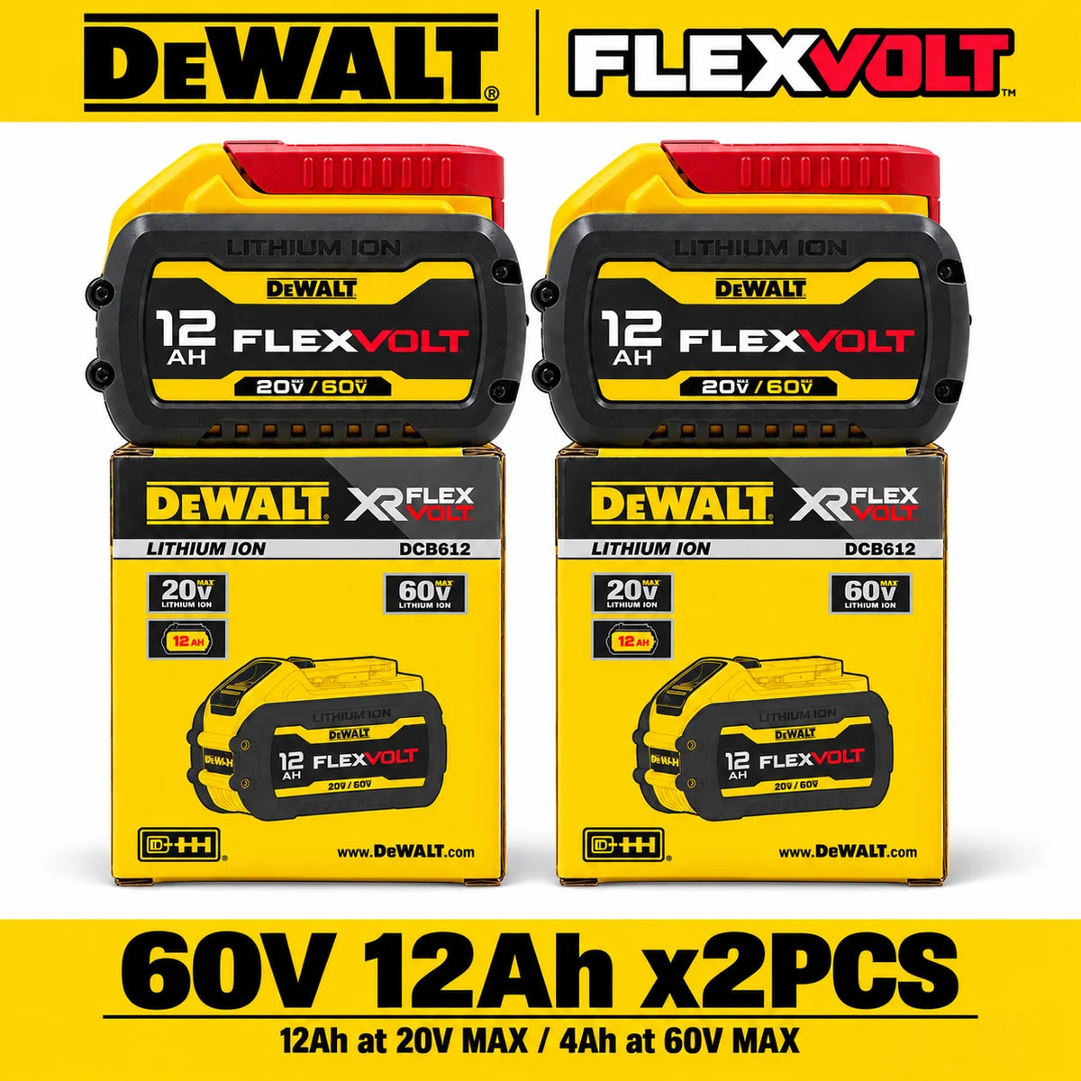 Original DEWALT DCB612 FLEXVOLT 60V MAX 12Ah Lithium Ion Rechargeable Battery for 20V and 60V MAX Cordless Power Tools