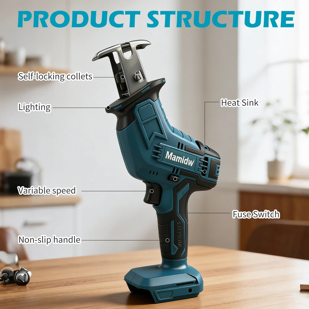 Mamidw cordless brushless reciprocating saw, comes with 4 blades, compact one-handed reciprocating saw, for Makita 18v Battery