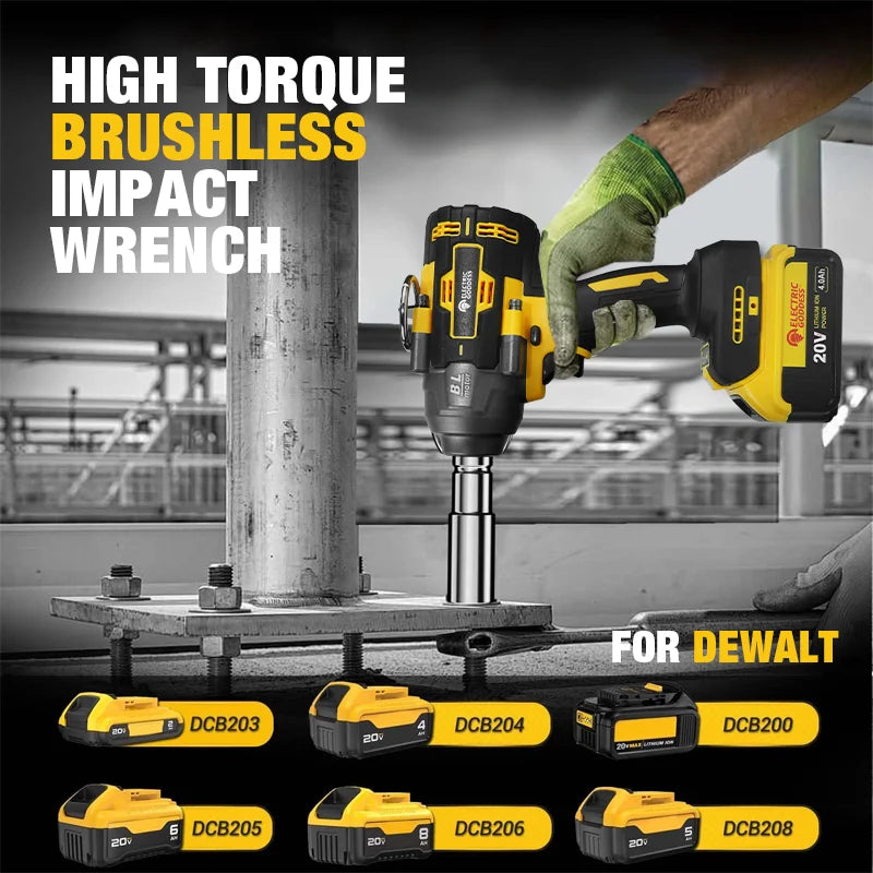 1000N·M High-torque Brushless Electric Wrench 1/2 Inch Impact Wrench Large Machine Service Tool For Dewalt 20V Battery Pin