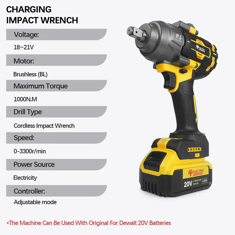 1000N·M High-torque Brushless Electric Wrench 1/2 Inch Impact Wrench Large Machine Service Tool For Dewalt 20V Battery Pin