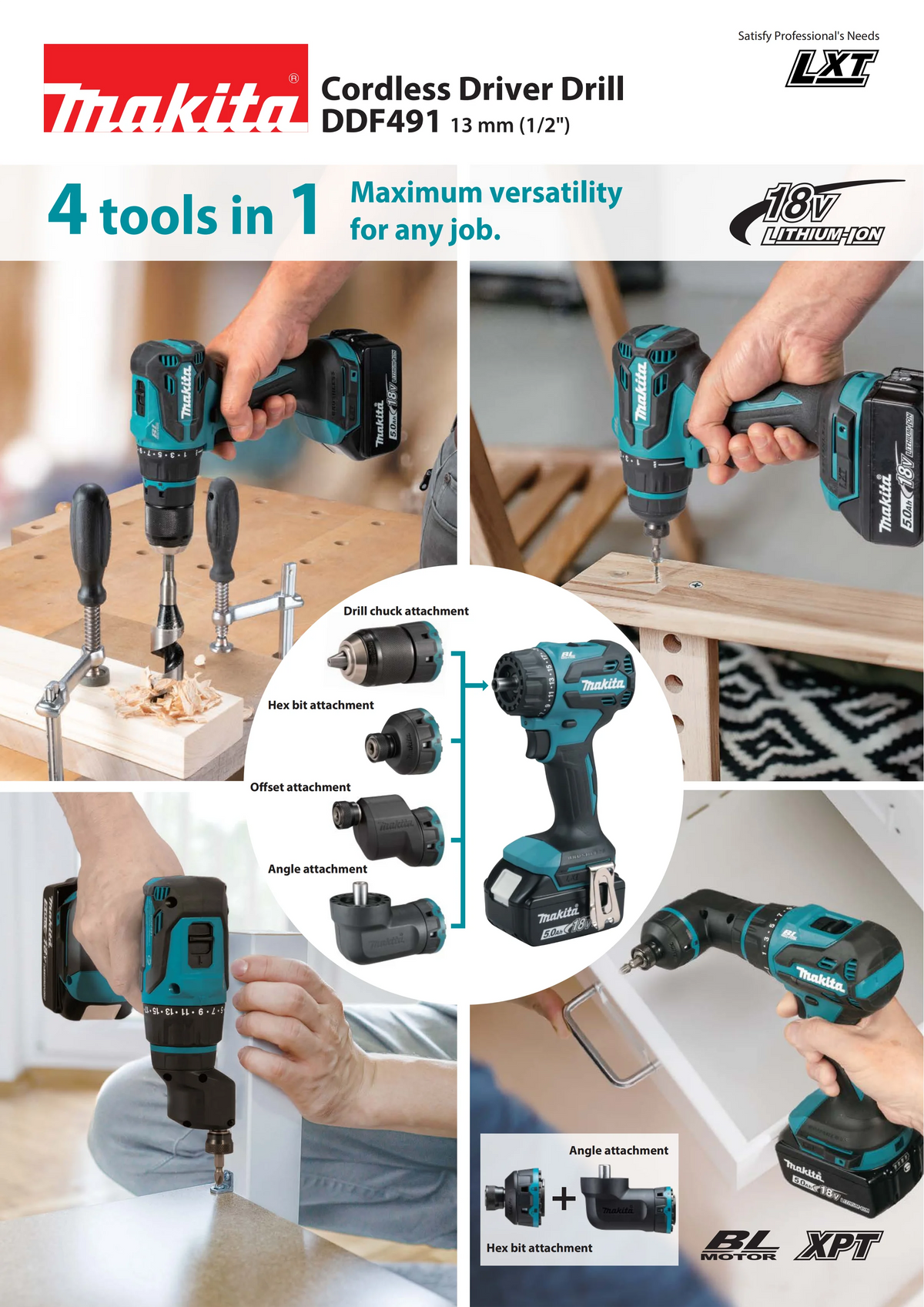 Makita DDF491 Power Tools Cordless Driver Drill 18V Electric Screwdriver with Four Interchangeable Tool Heads