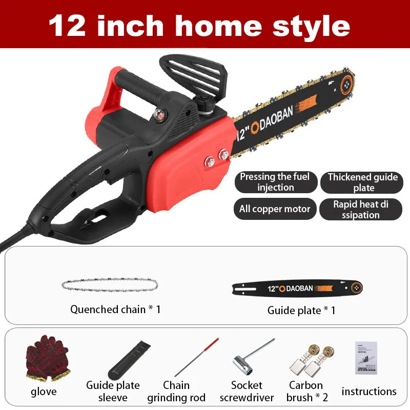 12/16 Inch High Power Corded Chainsaw 220V Handheld AC Household Brushless Electric Chain Saw for Wood Felling Cutting