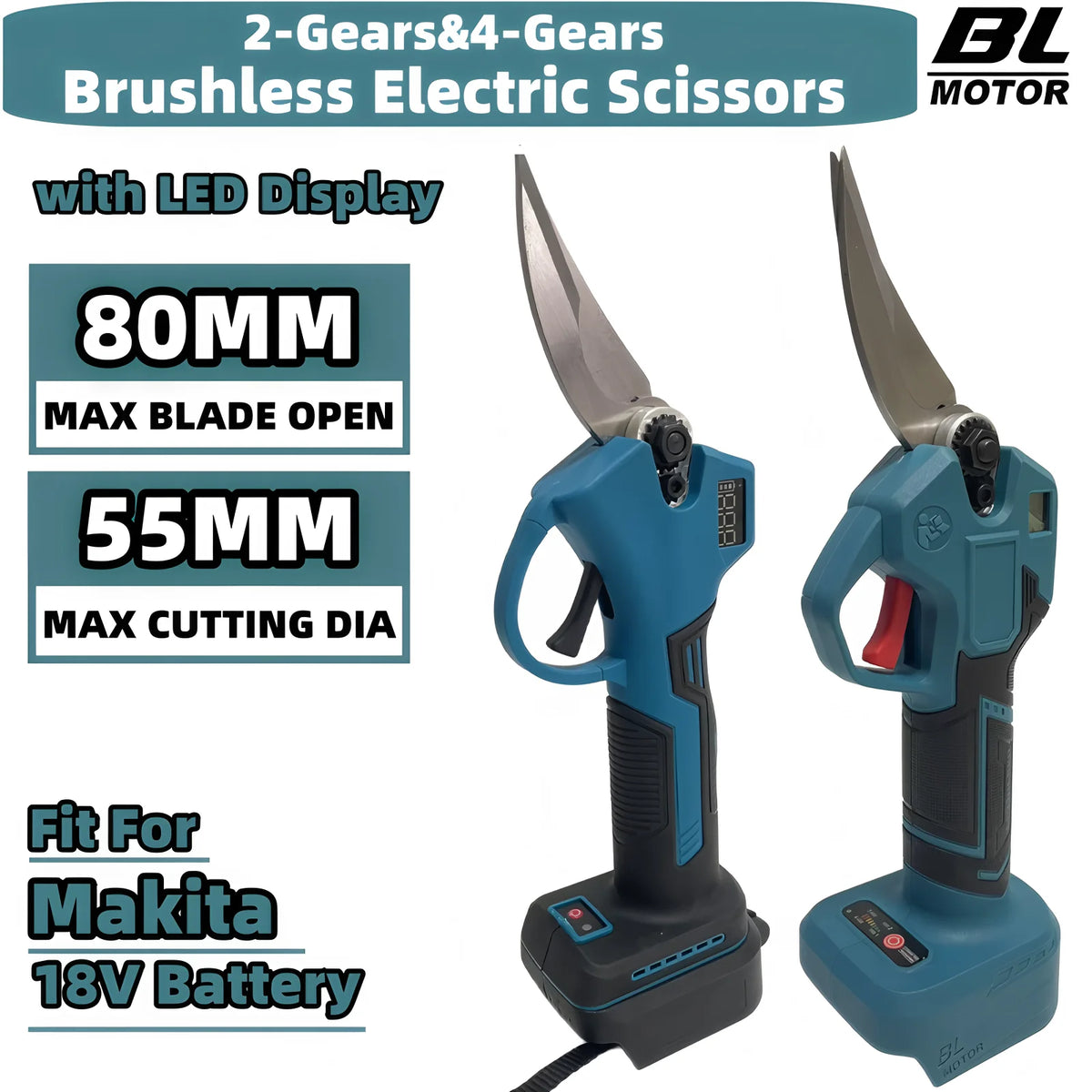 55MM Brushless Electric Scissors Cordless Pruning Shears Electric Branches Cutter Digital Display Tools For Makita 18V Battery