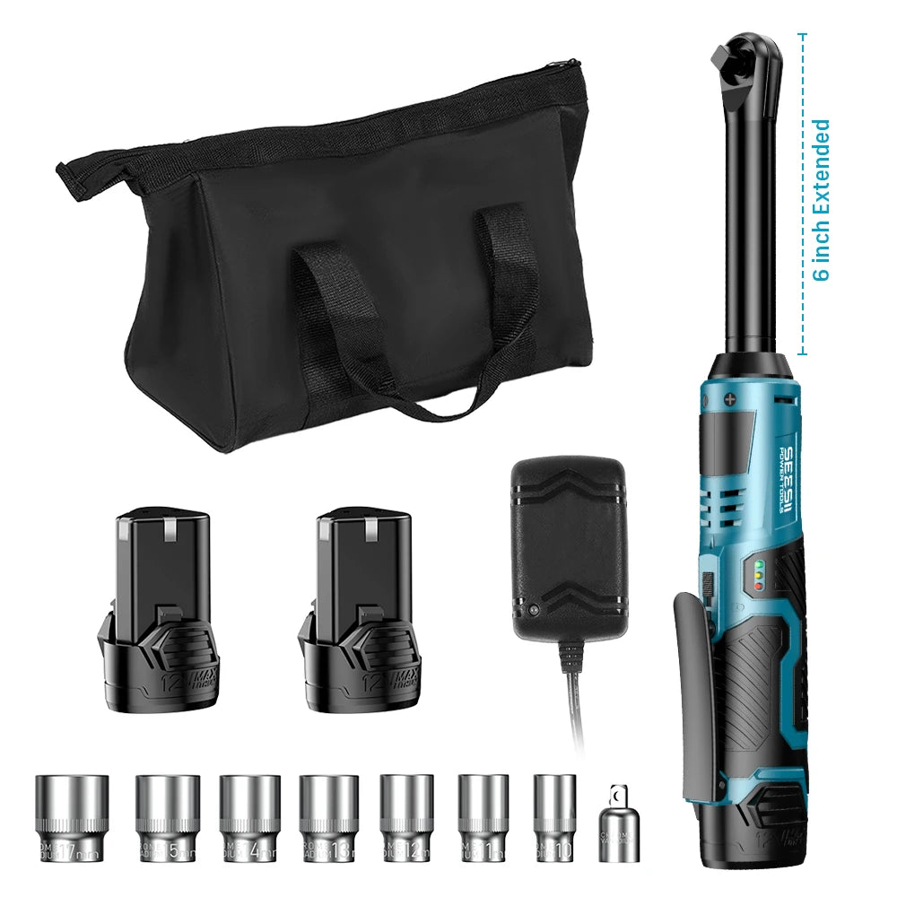 SEESII 3/8" Cordless Electric Wrench 55Nm 6' Extended Ratchet Wrench 12V Rechargeable Angle Wrench Car Repair Tools W/2 Batteries for Makita 18v Battery Pin