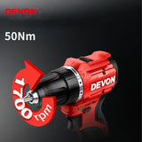 Devon 5208 5209 12V Cordless Electric Drill Brushless Motor 50Nm 1700rpm Dual Speed Torque Adjustable
