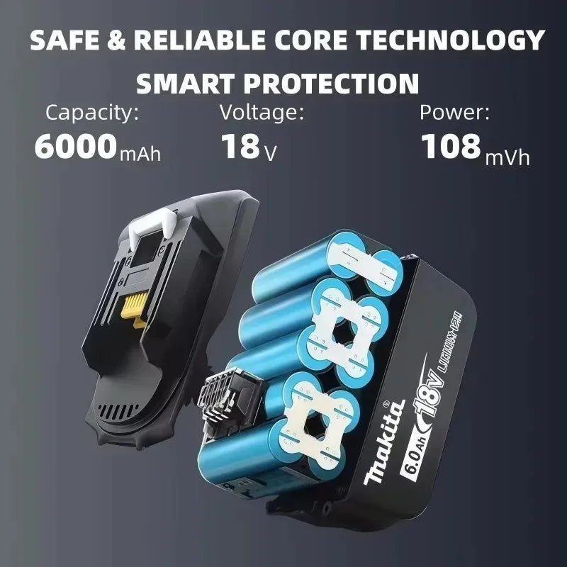Makita 18V High‑Capacity 6.0Ah Lithium‑ion Battery Fit BL1860B BL1850B BL1840 BL1830 BL1815 Cordless Power Drill Battery Pack