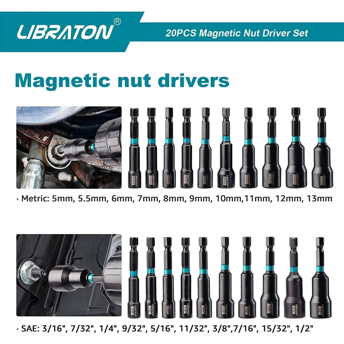 LIBRATON 20PCS Magnetic Nut Driver Set, Impact Drill Driver Bit Set 1/4" Metric and SAE Nut Driver with Storage Bag Nut Drivers