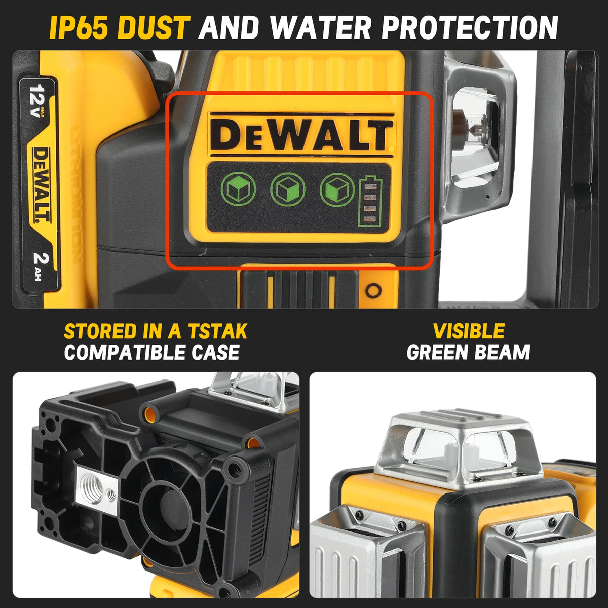 DEWALT DW089LG 12 Lines Green Laser Level 12V Cordless 3x360° with Magnetic Mount for Outdoor Leveling Tasks
