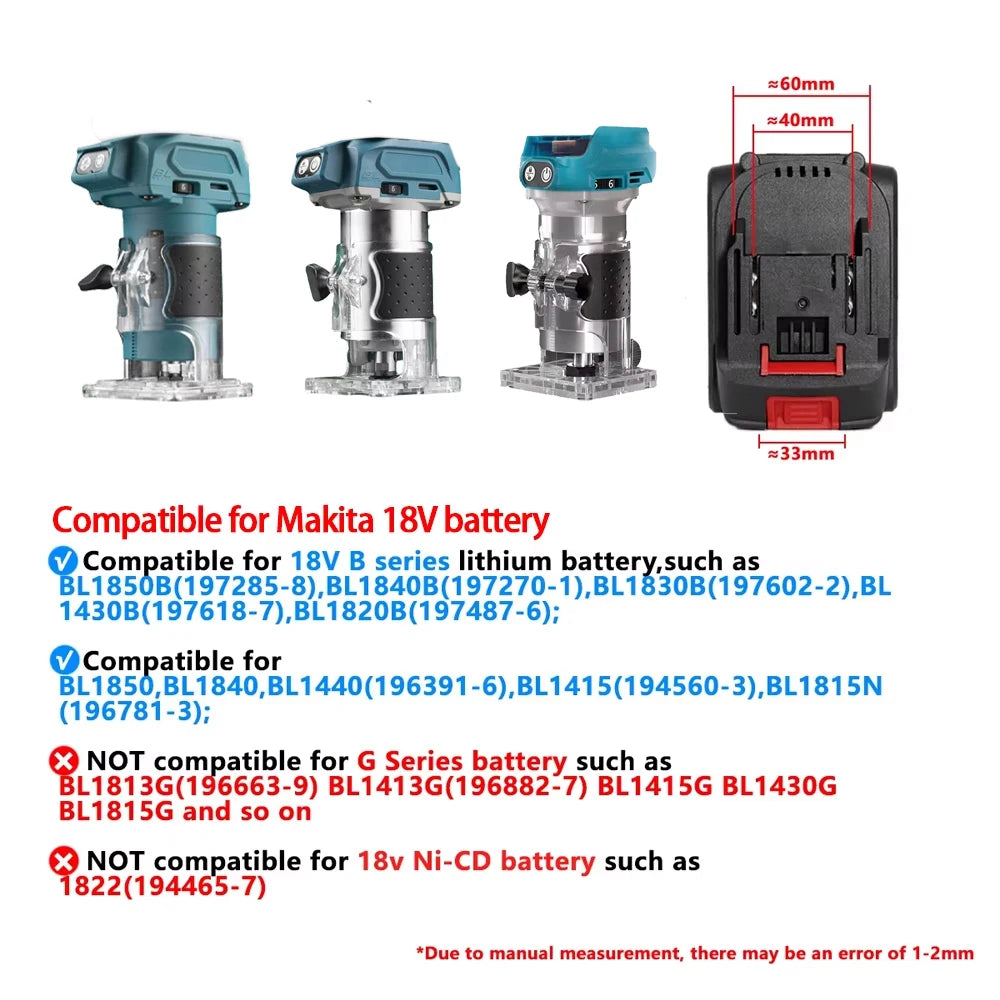 Brushless Electric Trimmer Woodworking Trimming Wood Router Milling Engraving Slotting Machine For Makita/Dewalt/Milwaukee 18V