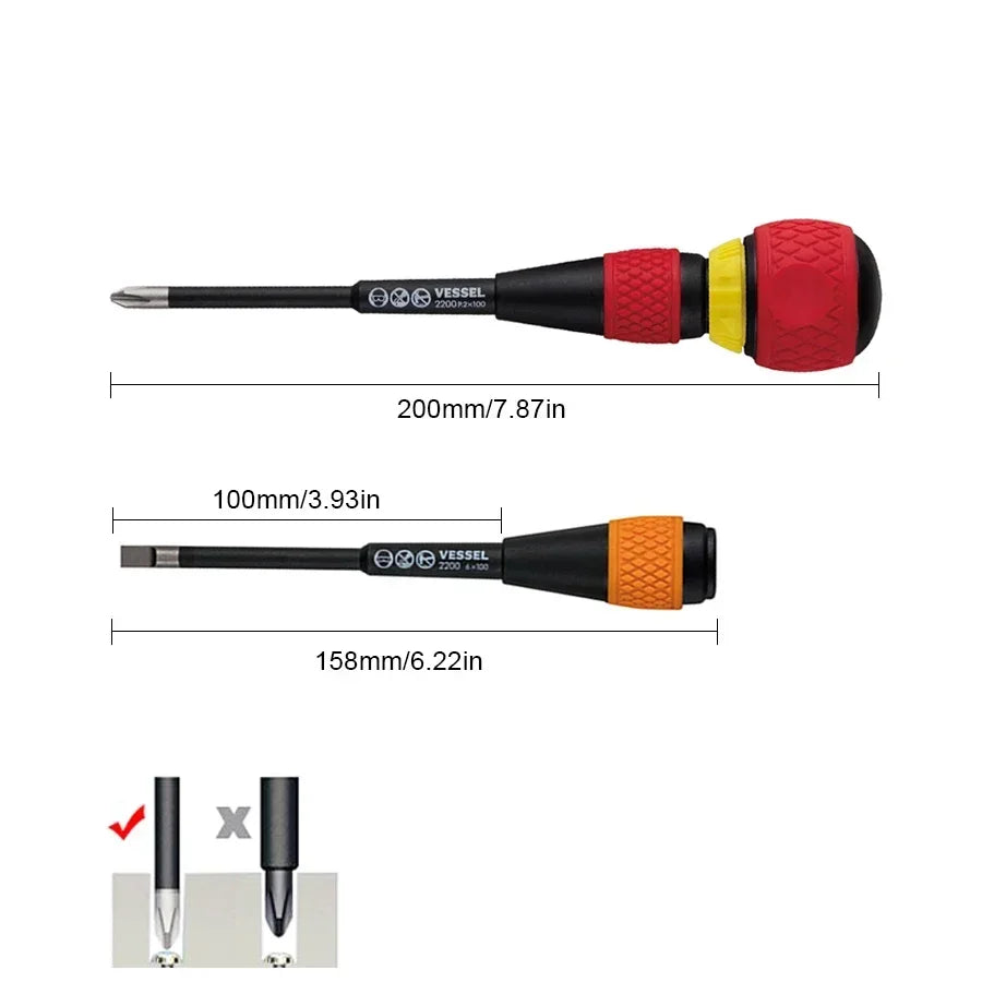 JIS VESSEL NO.2200 +2X100 -6X100 2-Piece Ratchet Screwdriver Set,36 Gear Phillips Screwdriver 2-in-1 Japan Tools