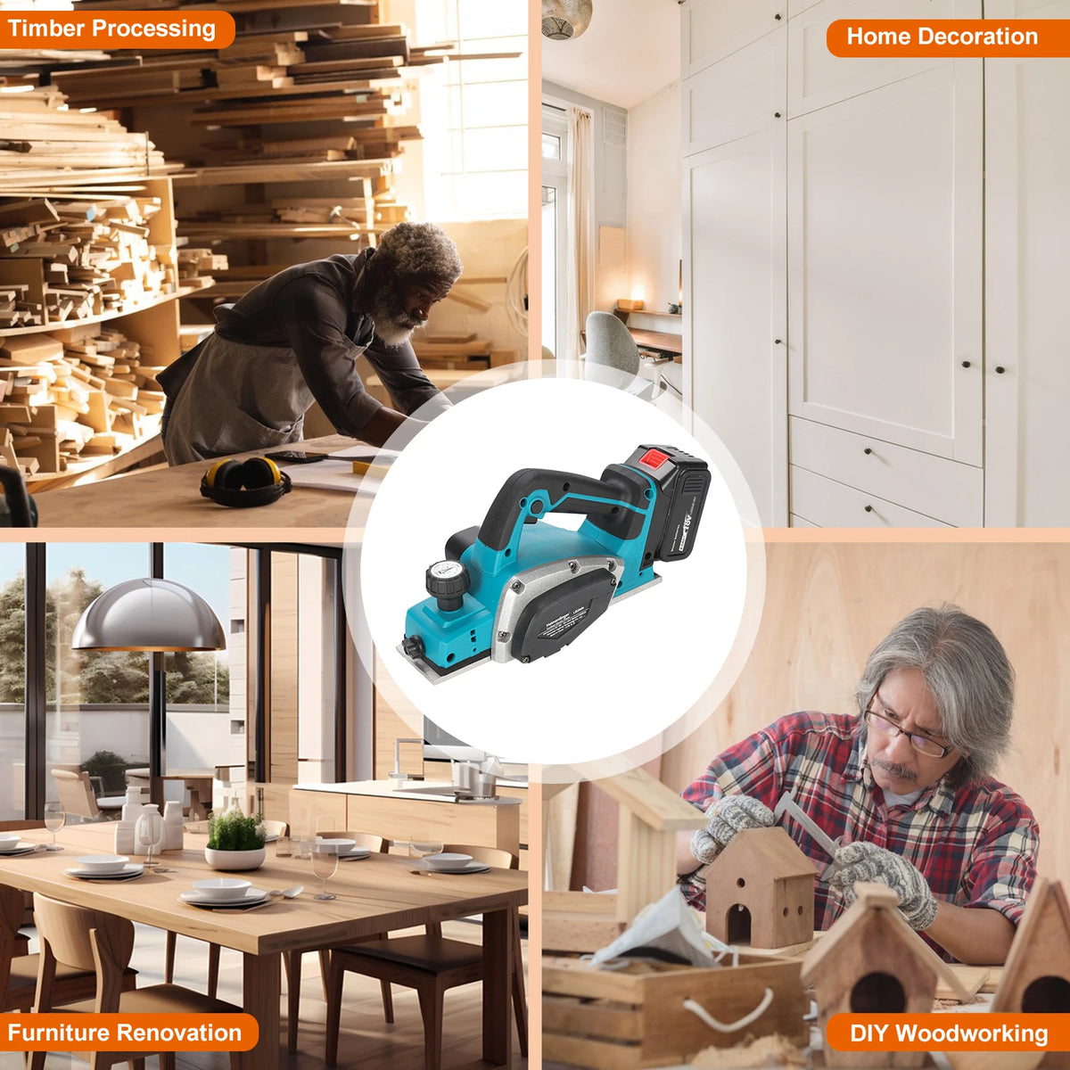 Heimerdinger 18V Rechargeable Lithium Battery Powered Handheld Woodworking Tool Brushless Cordless Electric Planer, No battery