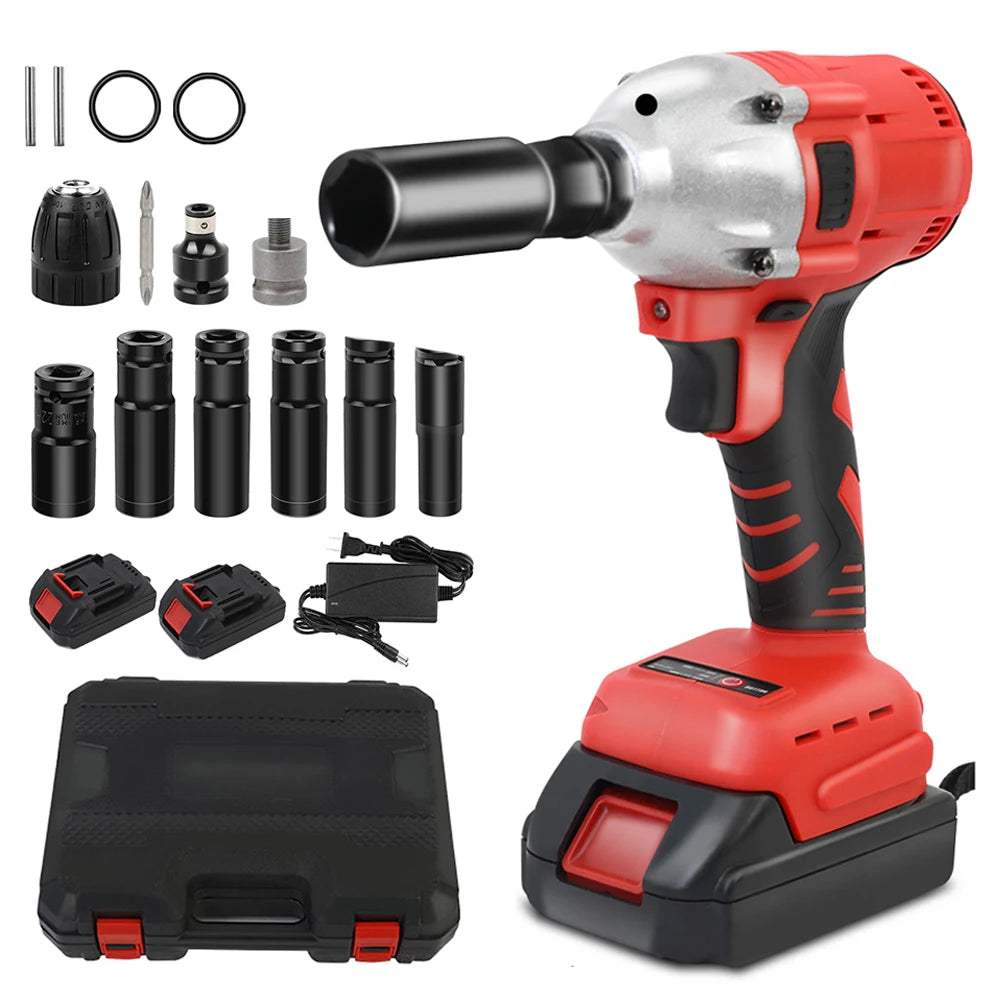 20V Cordless Electric Impact Wrench 1/2 Inch Power Tool Set with Brushless Drill Driver 2 Li-Ion 1500mAh Batteries Single Charge
