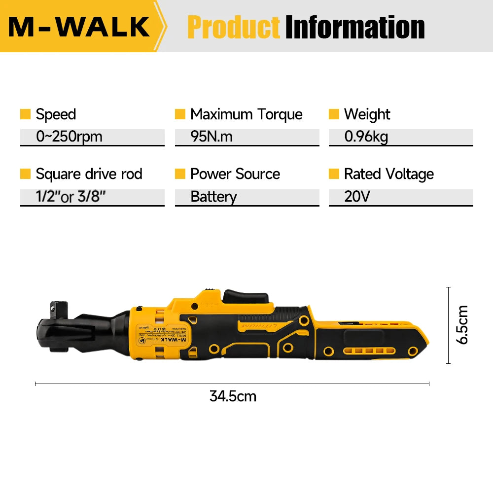 M-WALK Brushless Electric Ratchet Wrench 95N.M Cordless Screwdriver Nut Removal 1/2 Inch Power Tools For 18/20V Battery