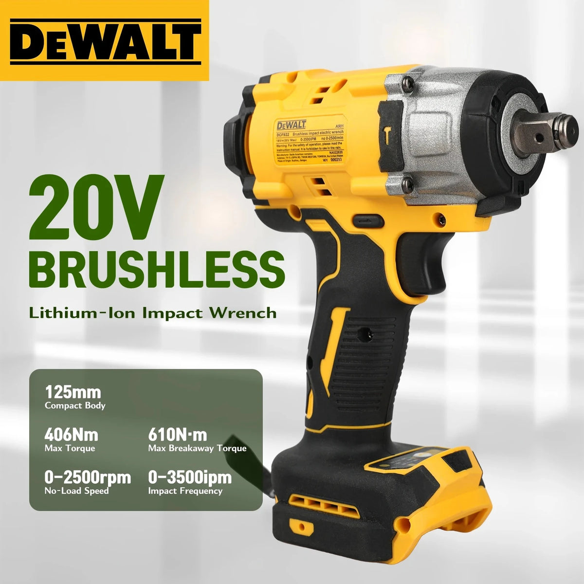 DEWALT DCF922 20V Impact Wrench 1/2 Inch Square Shaft 0-3500IPM Stepless Speed LED Light Mechanical Assembly Tools