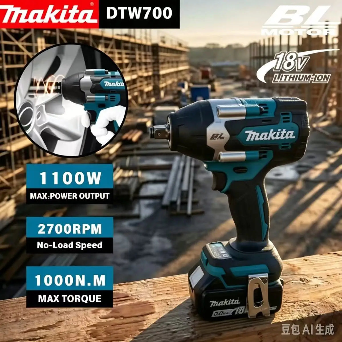 Makita DTW700 18V 1/2 Inch Brushless Impact Wrench 700Nm/1000Nm 4-Mode Power Tool for Auto Repair Heavy-Duty Use