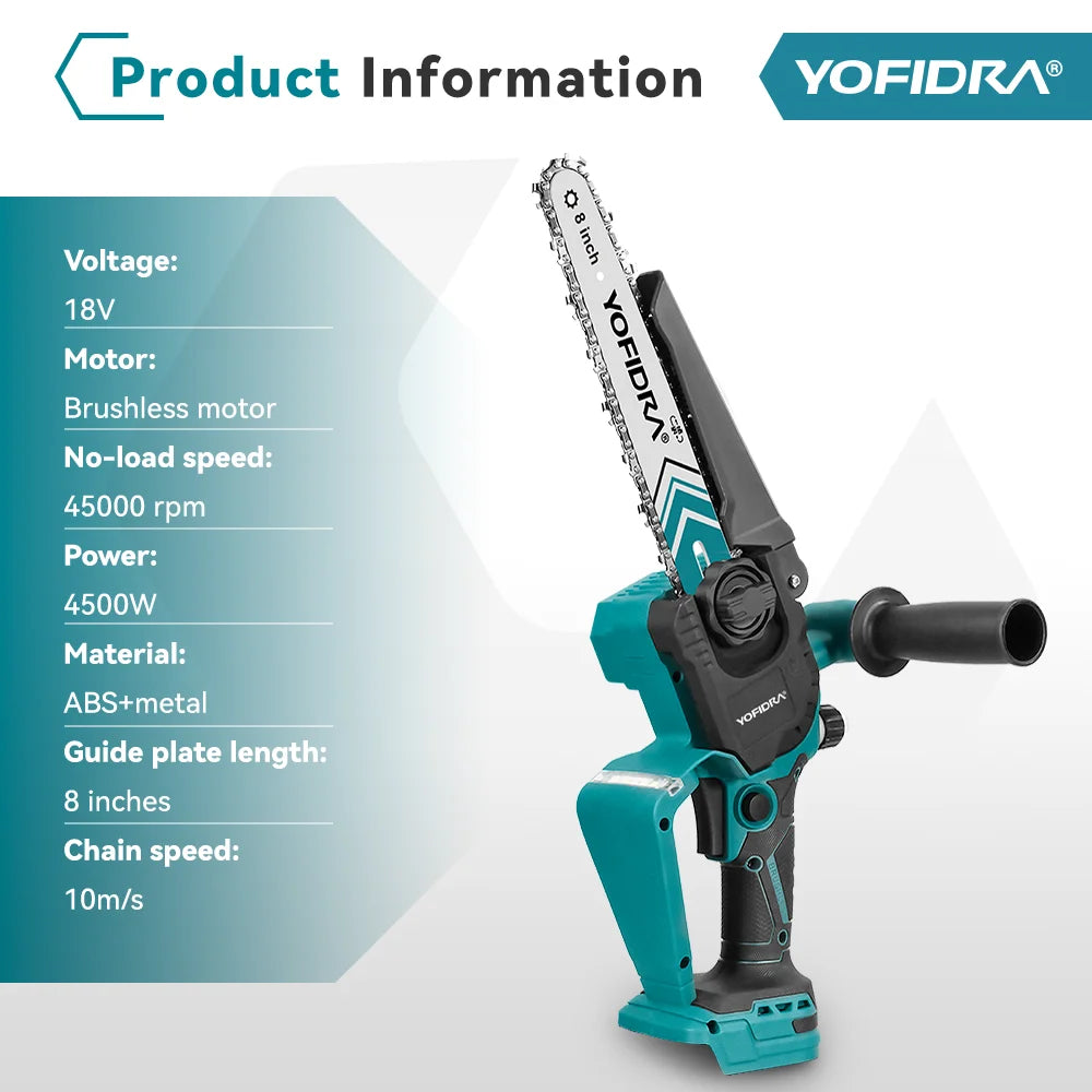 YOFIDRA 8 Inch Brushless Electric Chainsaw 4500W Cordless Woodworking Pruning Saw Cutting Power Tool For Makita 18V Battery Pin