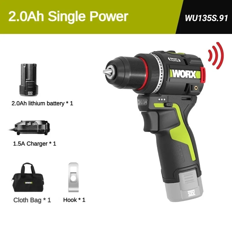 WORX WU135S Buzzer Version Cordless Electric Drill 12V 50Nm 1800rpm Smart Clucth Auto Stop 2Speed Adjust Home Power Tools