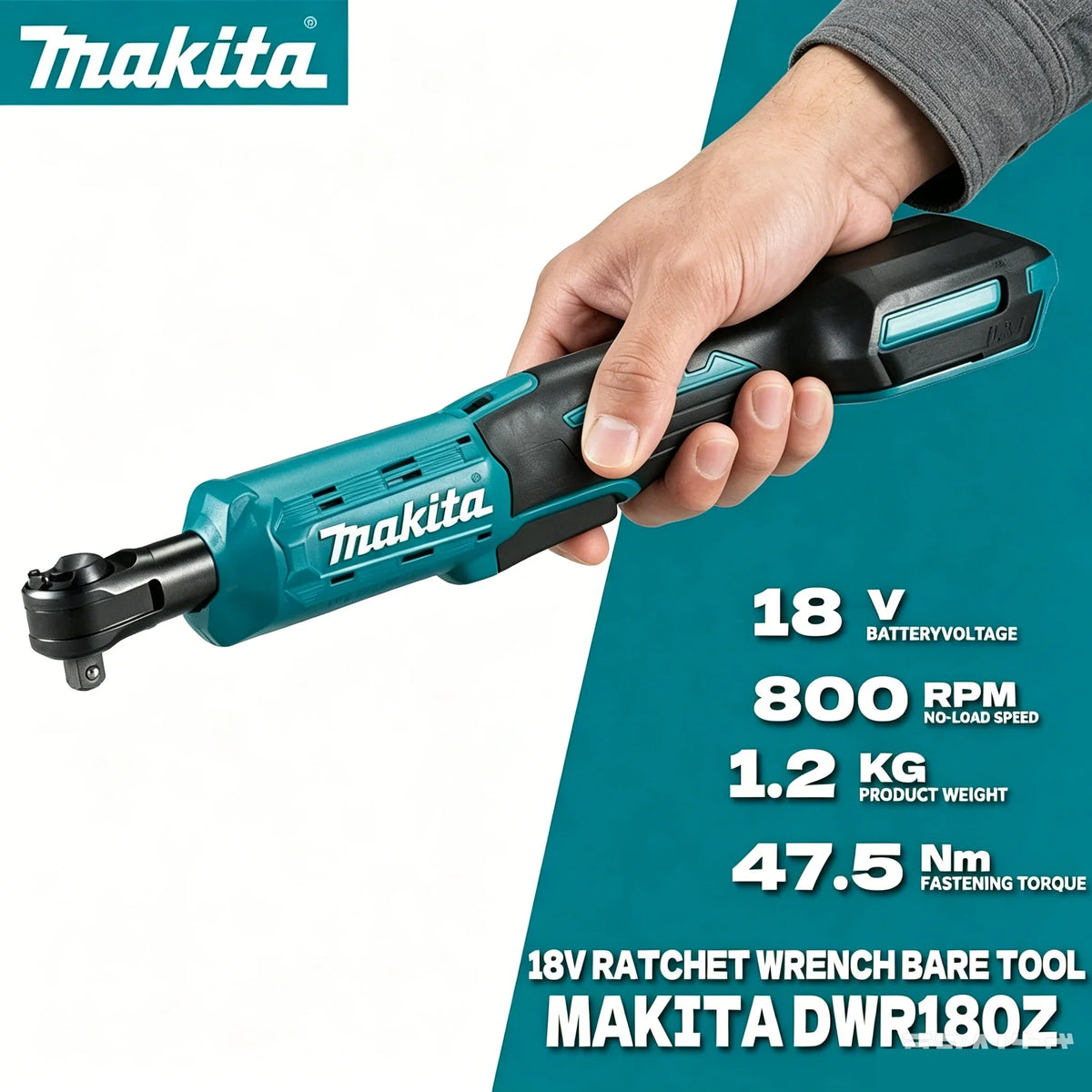 Makita DWR180 18V Cordless Ratchet Wrench 47.5Nm 800RPM with LED Light and Electric Brake for Auto Repair and Maintenance