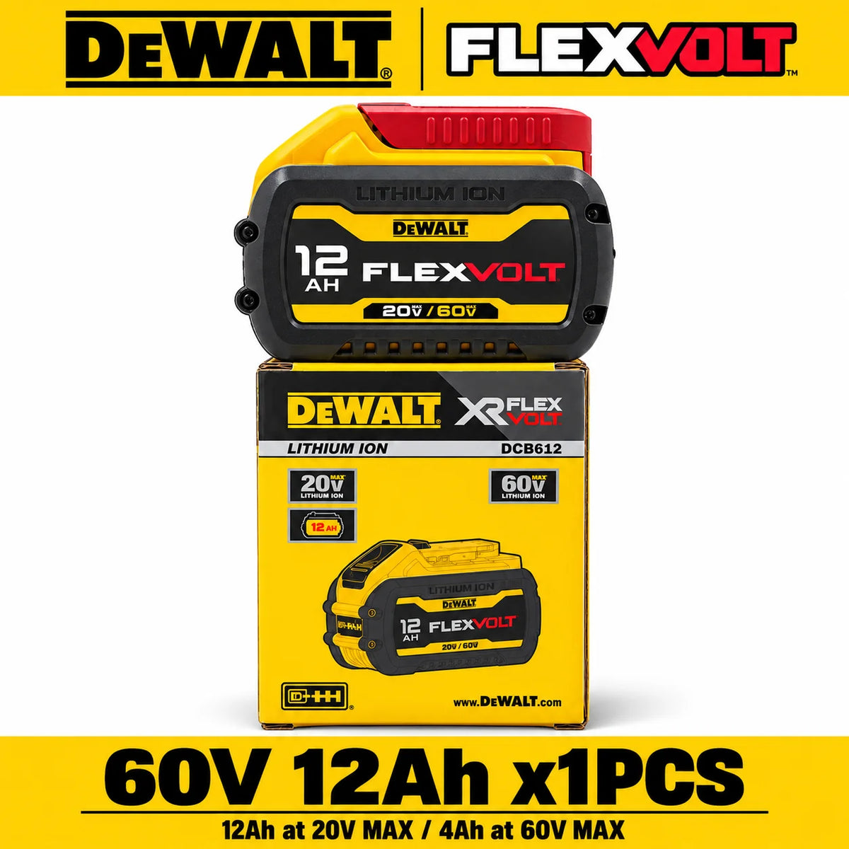 Original DEWALT DCB612 FLEXVOLT 60V MAX 12Ah Lithium Ion Rechargeable Battery for 20V and 60V MAX Cordless Power Tools