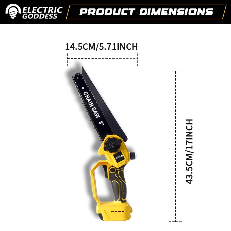 Electric Goddess 8in 6m/s Brushless Electric Chain Saw 600W Cordless Woodwork Cutting Garden Saw For 20V Dewalt Battery ﻿Pin ﻿ ﻿