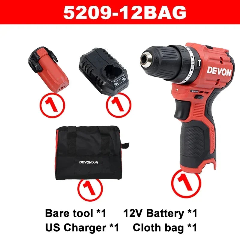 Devon 5208 5209 12V Cordless Electric Drill Brushless Motor 50Nm 1700rpm Dual Speed Torque Adjustable
