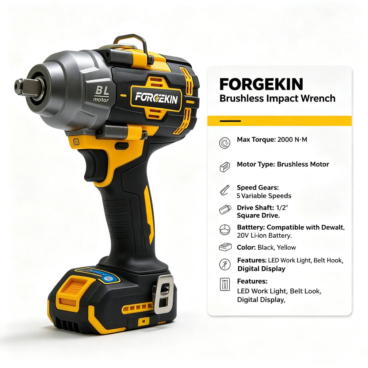 FORGEKIN 1/2” inch Brushless Impact Wrench 20V Power Pressure-Driven Speed,Double Safety&Ergonomic Design for Dewalt battery pin
