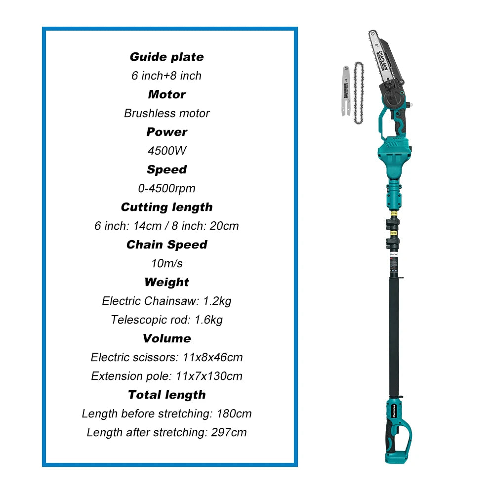 Kamolee Wireless Charging 6/8 inch Aerial Pruning Chainsaw Orchard Branch Pruning Electric Scissors 2.5m Extension Pole