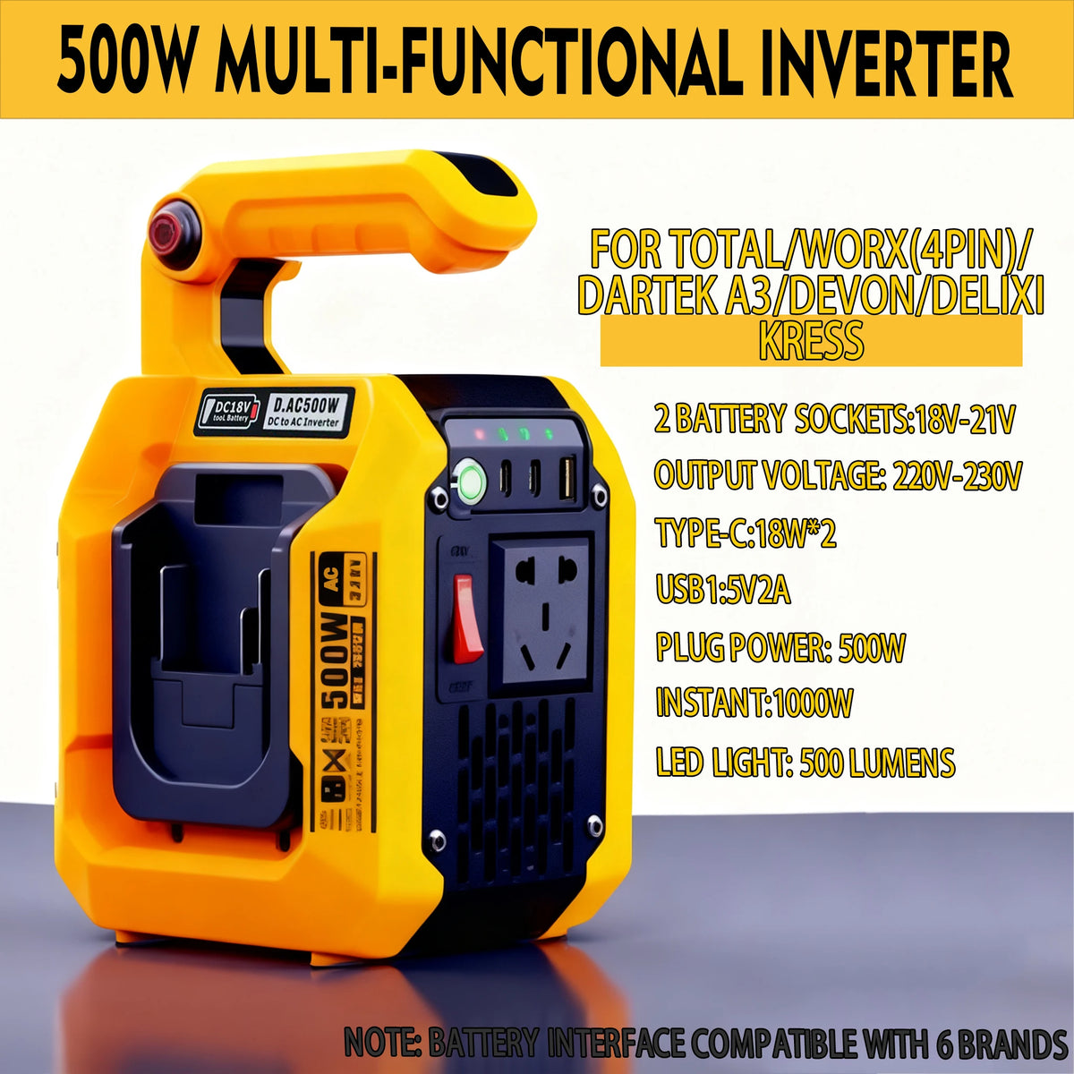 500W Power Inverter for Makita Milwaukee 18V Battery 18V to 120V/220V Pure Sine Wave Inverter with LED Light for Outdoor Camping