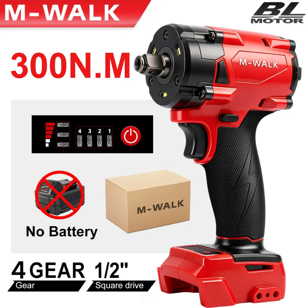 M-WALK 1/2" Brushless Electric Impact Wrench 300N.M Torque Removal Screw Nut Screwdriver Power Tools For Milwaukee 18V Battery