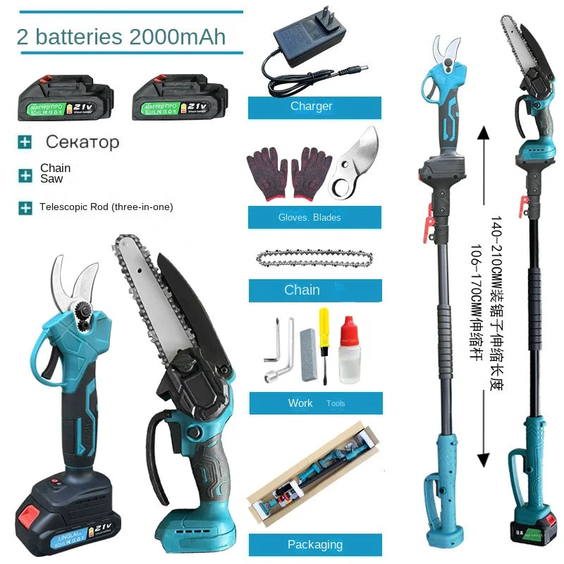 6-Inch Electric Chain Saw, 2.5cm Electric Pruning Shears, 1.7m Telescopic Extension Rod Asta Telescopica Per Potatura A Batteria