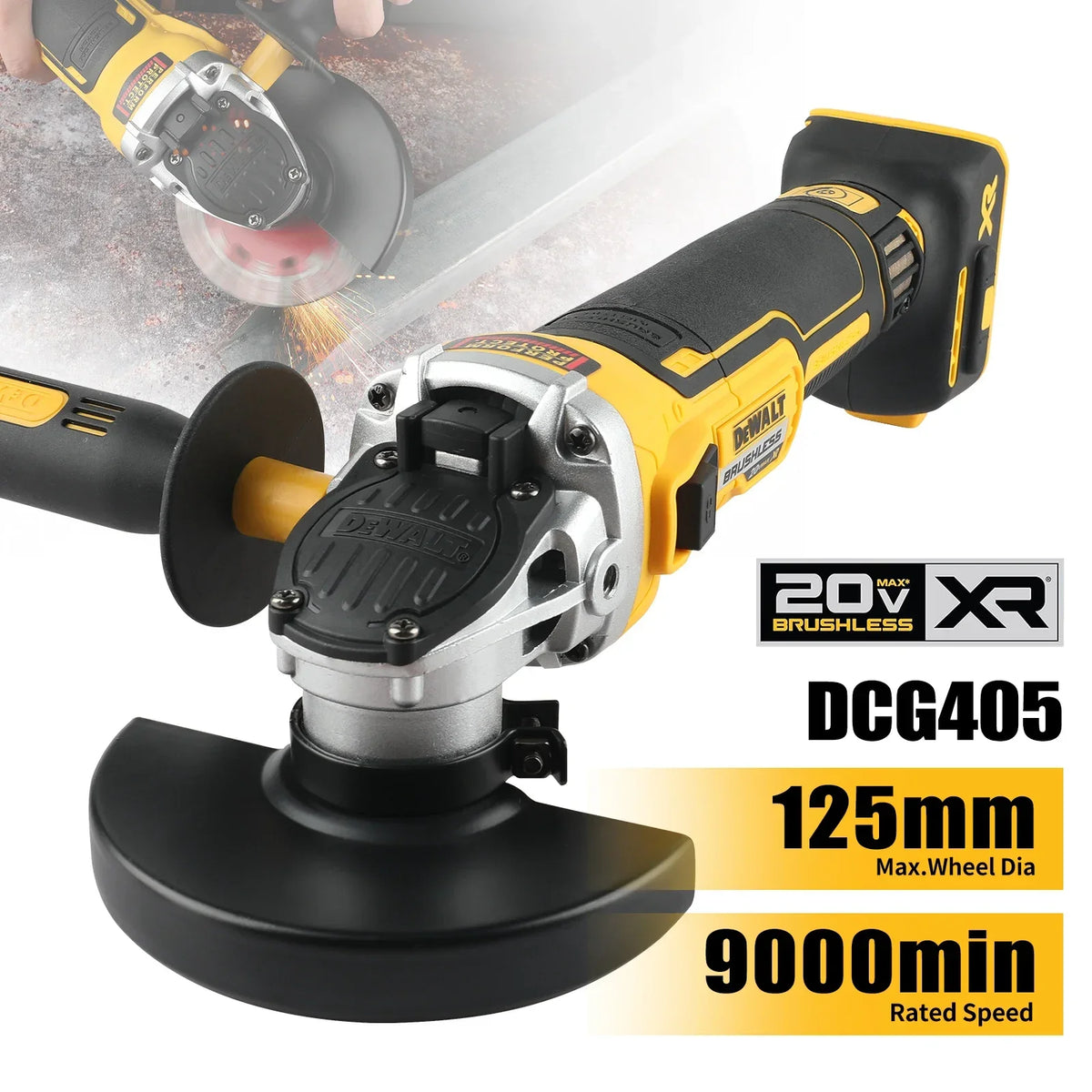 DEWALT DCG405NT 125mm Flat Head Angle Grinder 20V Max Brushless Cordless Lithium Cutting Grinding Machine, Bare Tool Only