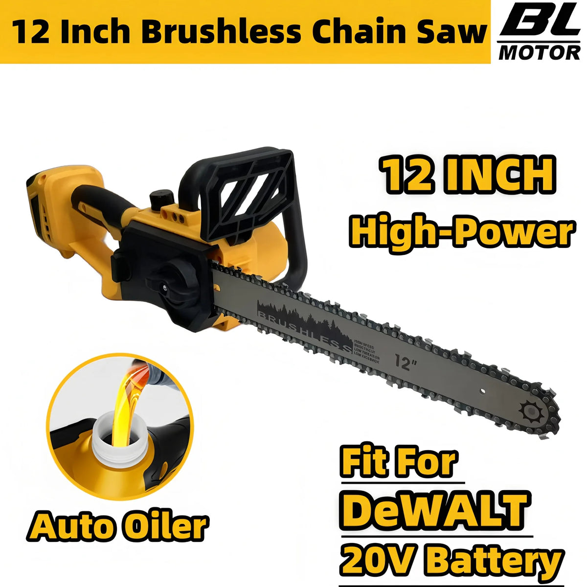 For DeWALT 20V Battery 12 Inch Brushless Chain Saw Auto Oiler High-power Cordless Electric Chainsaw Wood Cutting Power Tools