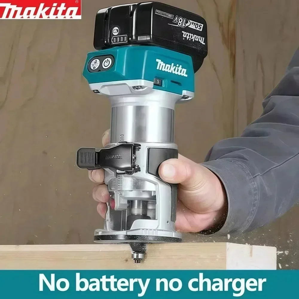 Makita DRT50 18V LXT Cordless Brushless Wood Trimmer With Standard Collet For Workshop Cabinet Hinge Recess Routing Work