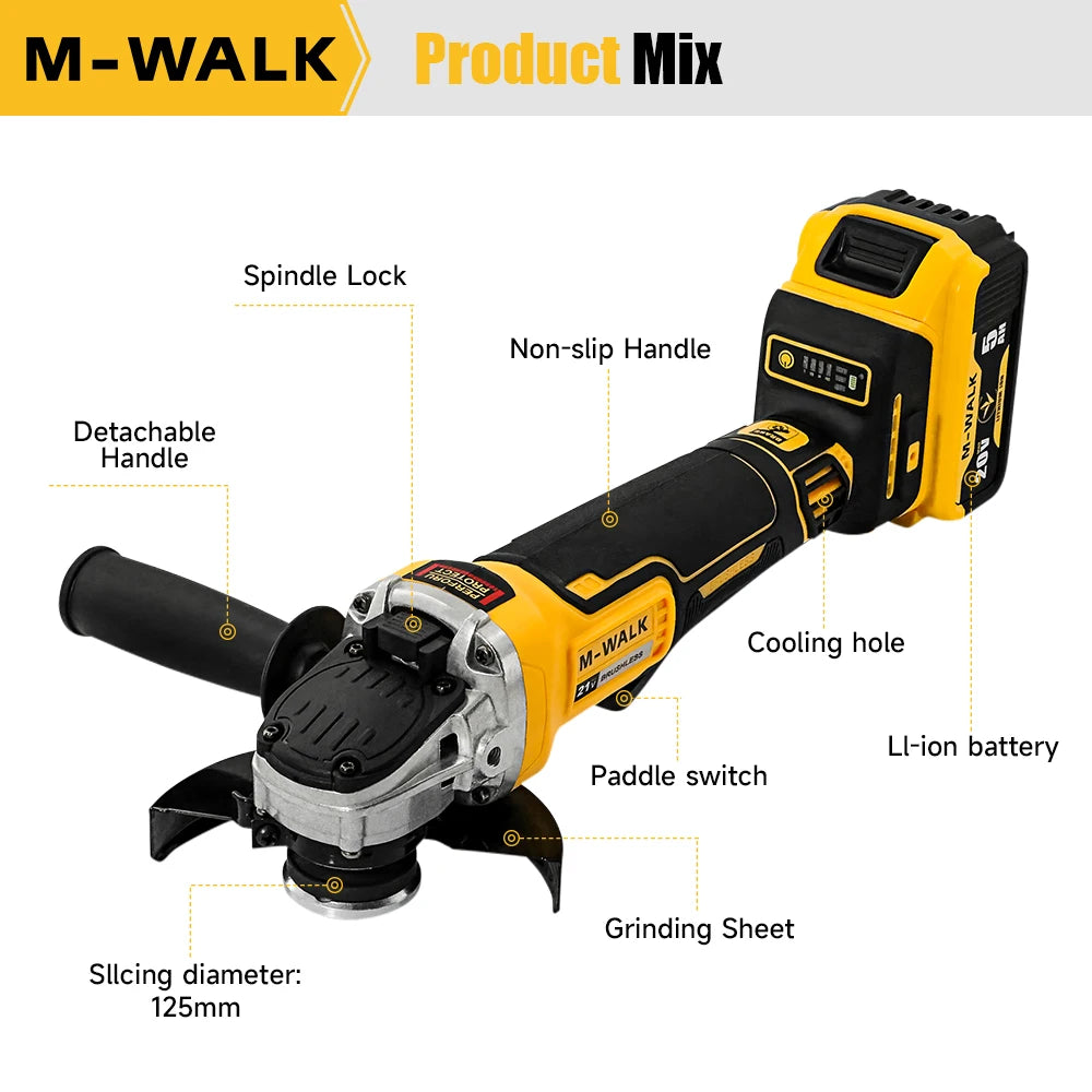 M-WALK 125mm Brushless Cordless Electric Angle Grinder 4 Gears 9000RPM Grinding Polisher Cutter Tool For Dewalt 18/20V Battery
