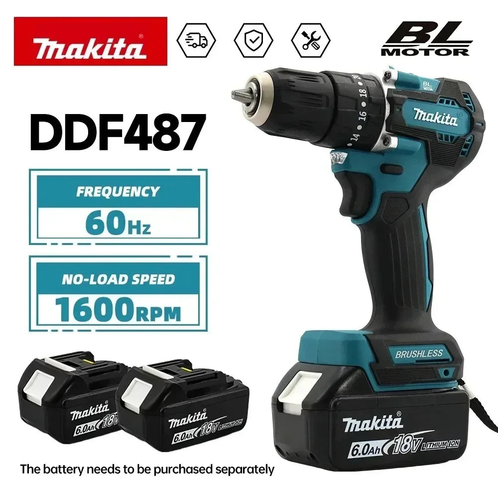 Makita 18V LXT Brushless Drill Driver DDF487 60N Torque 0-500/0-1700 RPM 0.3-10mm Chuck For Wood Furniture Assembly Projects
