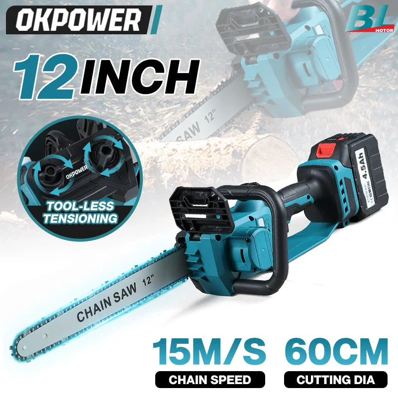 BABEQ 12 Inch Brushless Cordless Electric Chain Saw 6600W 20000RPM Auto Oiler For Makita 18V Battery Pin Garden Woodworking Tool