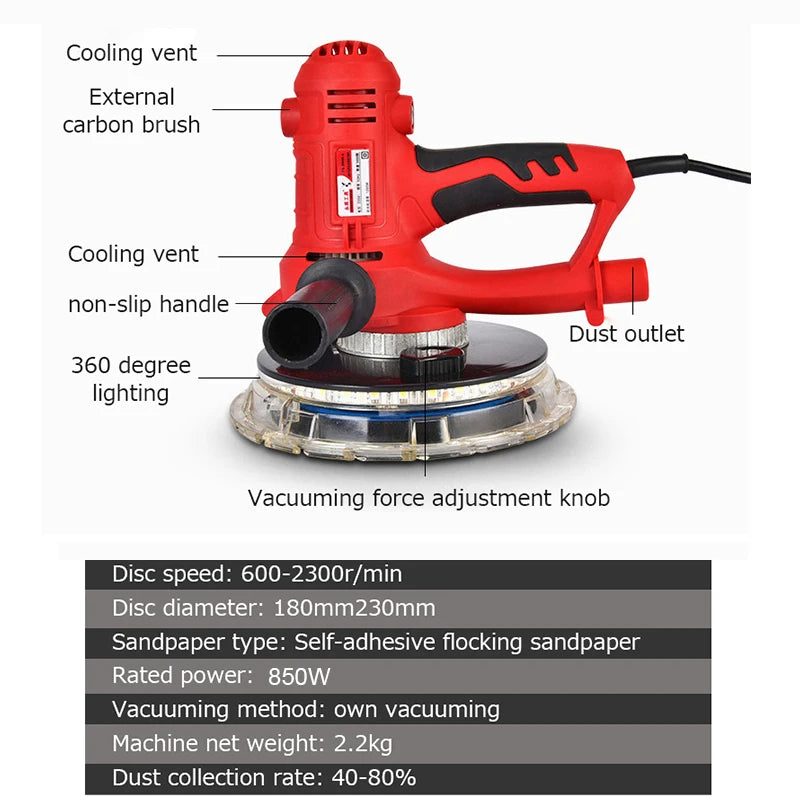 Drywall Sander 110V/220V Portable Electric Wall Putty Grinding Polishing Machine with LED Light Dust Clooect Bag Sandpaper 850W