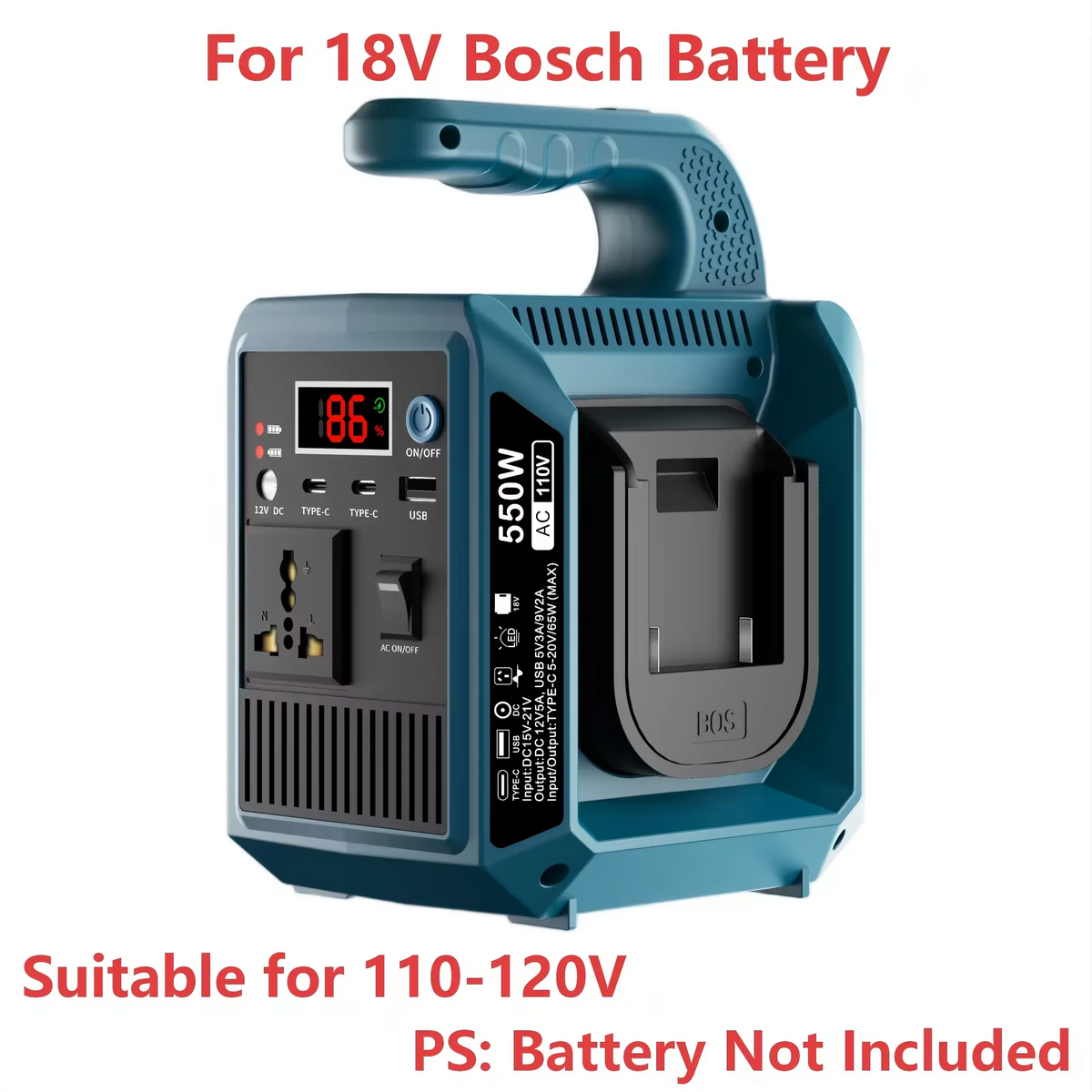 550W Portable Power Supply Inverter Compatible with Makita 18V Battery DC 18V to AC 110V/220V Converter with Type-C for Camping