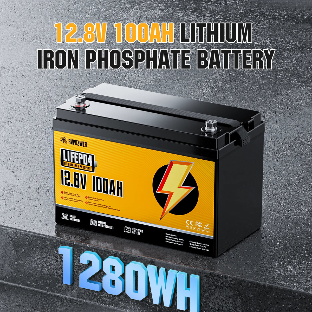 RVPOZWER 12V Lithium Battery 100Ah Nominal Capacity LiFePO4 1280Wh Battery 100A BMS Solar Portable Rechargeable 25000 Cycles