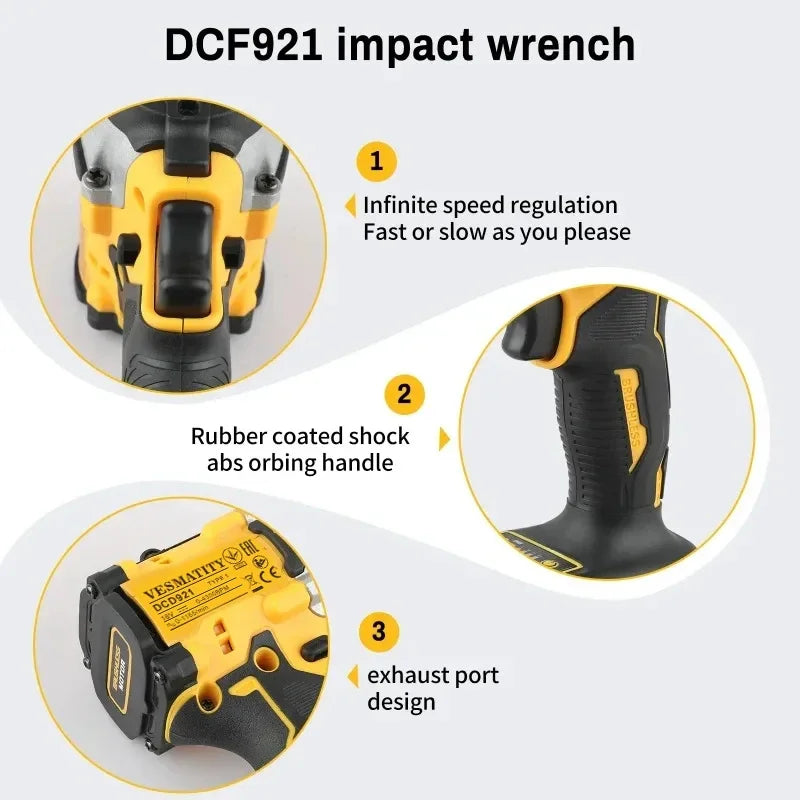 Brushless DCD921 Cordless Wrench 1/2 in Cordless Impact Wrench Variable Speed Charging Wrench DCF921 for DEWALT Battery