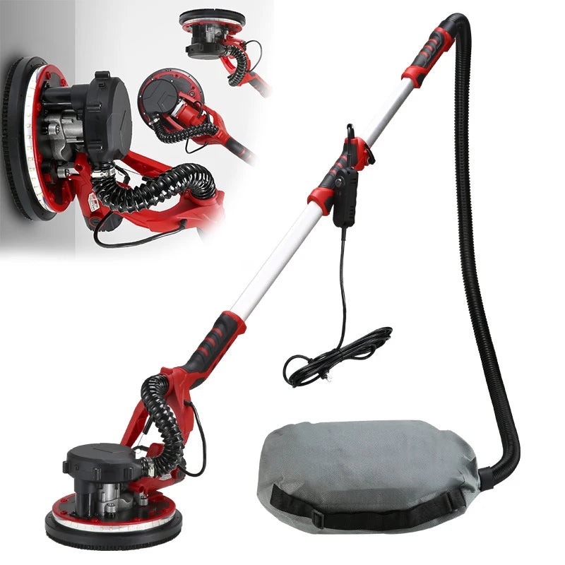 1250W Electric Drywall Sander 225MM Wall Grinding Machine Putty Sandpaper Machine LED Light Long Rod Grinding Wall Polishing