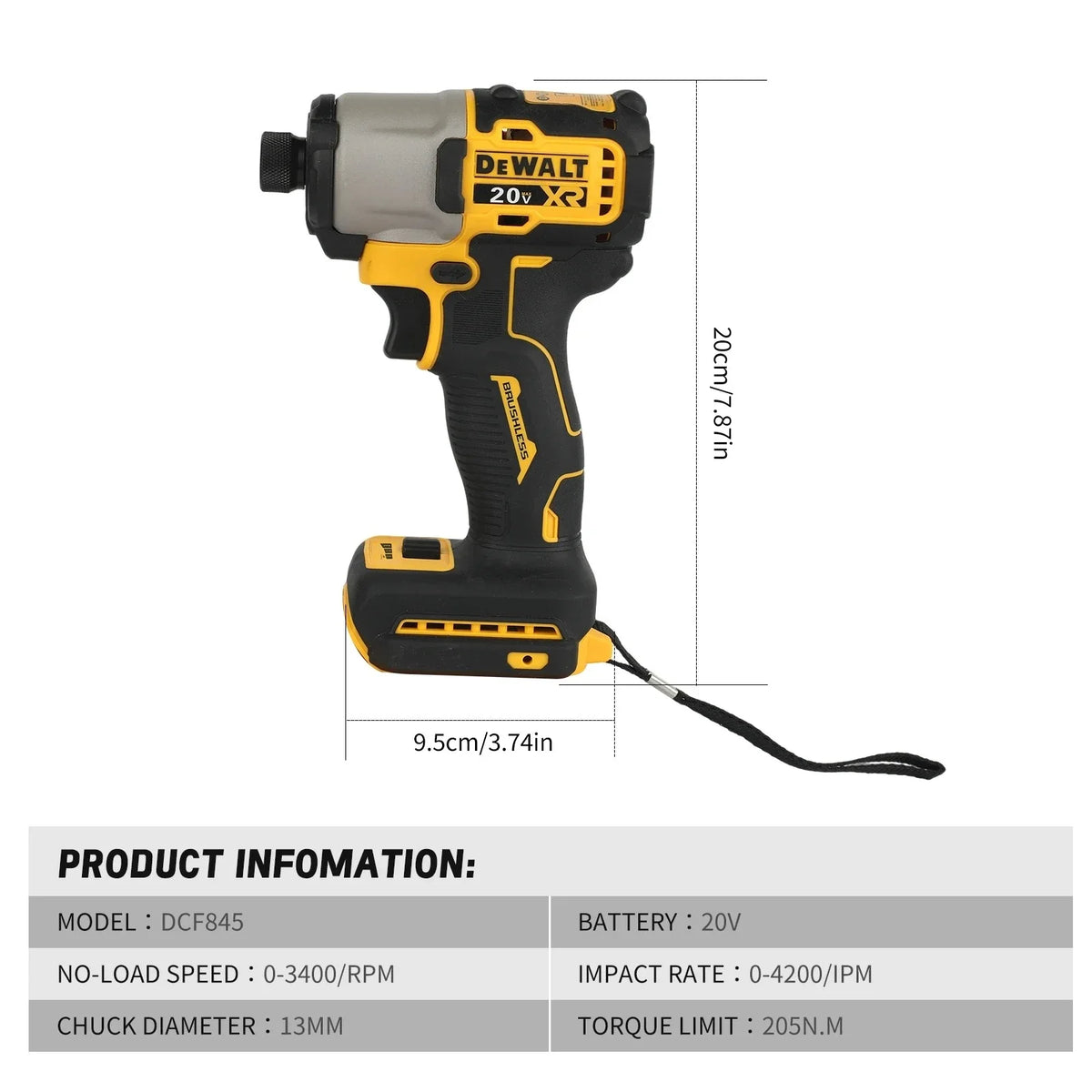 DEWALT Impact Electric Driver 20V Brushless Cordless screwdrivers 205N.m High Torque Power Tools Adjustable Speed DCF845