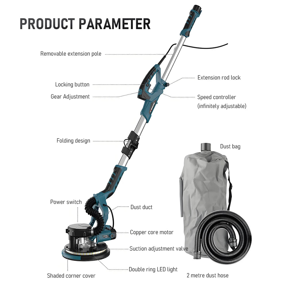 TUNGFULL 9 Inch Electric Wall Sander with Folding Design Self-Dust Collection Double Lamp Long Pole Wall Grinder for Putty Work
