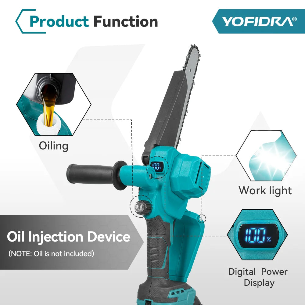 YOFIDRA 8 Inch Brushless Electric Chainsaw 4500W Cordless Woodworking Pruning Saw Cutting Power Tool For Makita 18V Battery Pin