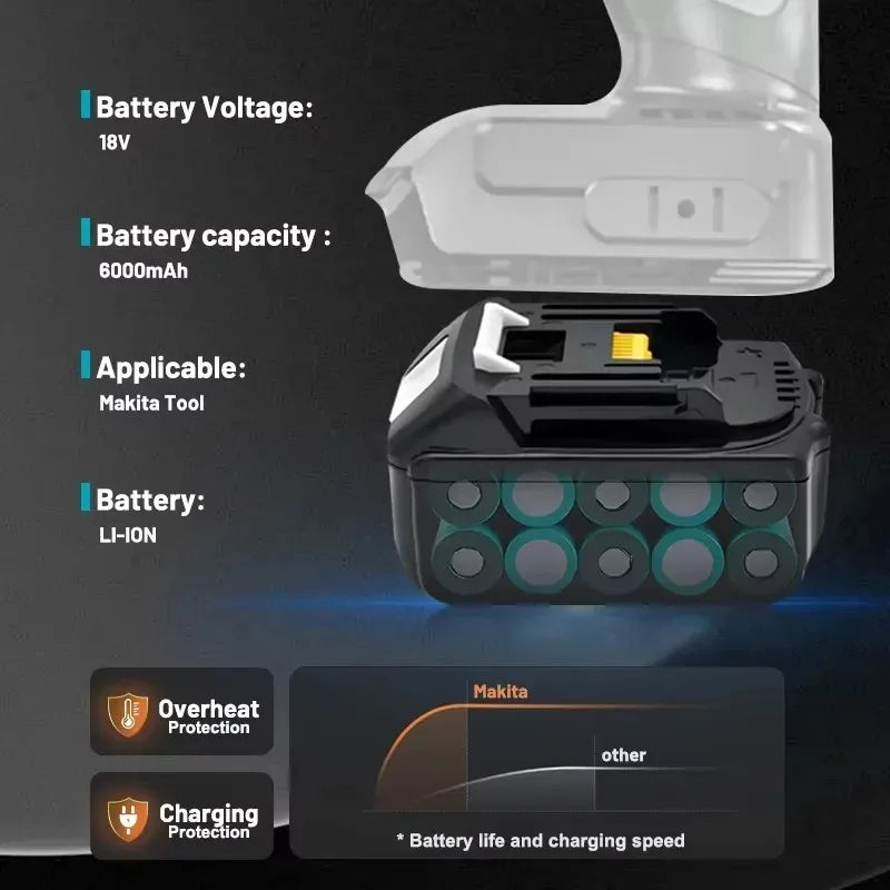 Makita 18V High‑Capacity 6.0Ah Lithium‑ion Battery Fit BL1860B BL1850B BL1840 BL1830 BL1815 Cordless Power Drill Battery Pack